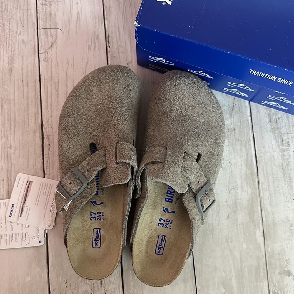 NIB BIRKENSTOCK BOSTON SOFT FOOTBED SUEDE CLOGS SIZE 37 in STONE COIN - Picture 2 of 5